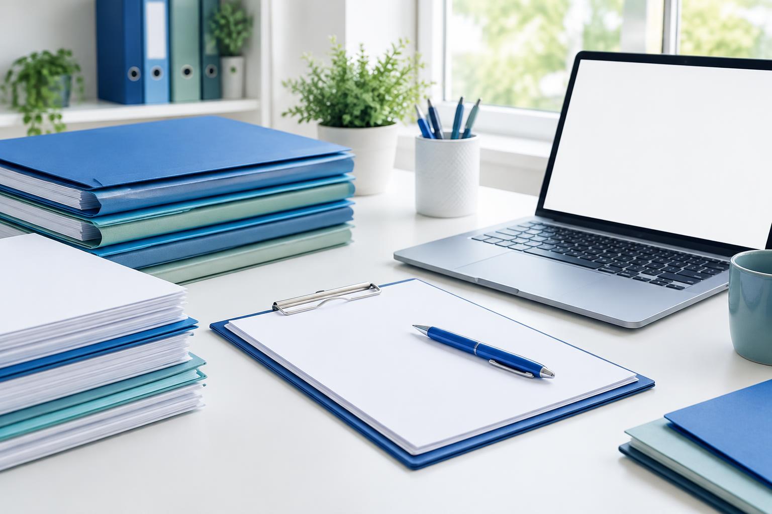 Organized client folders, a clipboard, and a laptop on a desk