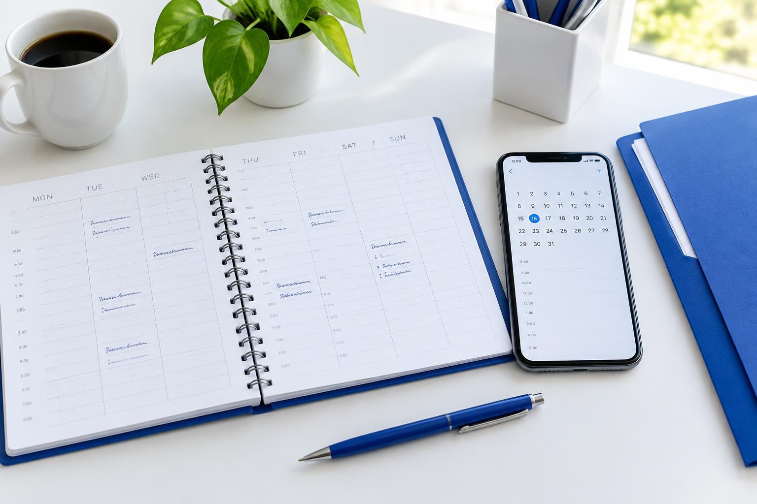 Appointment planner, calendar on a phone, and a blue folder on a desk